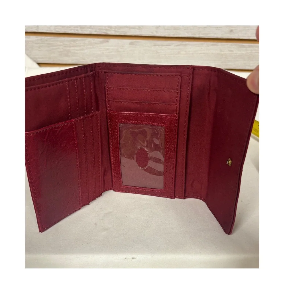 Liz Claiborne Womens Trifold Wallet Burgundy Red Faux Leather LC Logo Hardware
